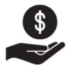 Black and white illustration of a dollar sign dropping into an open palm
