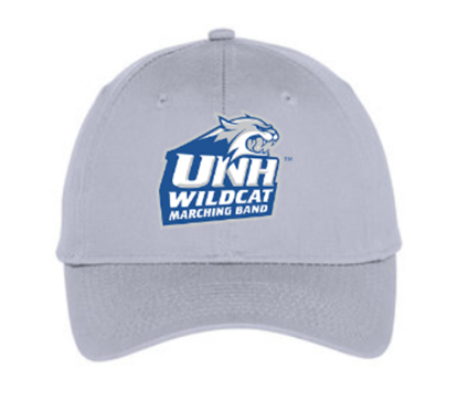 Silver baseball cap with white and blue UNH Wildcat Marching Band logo including cat head