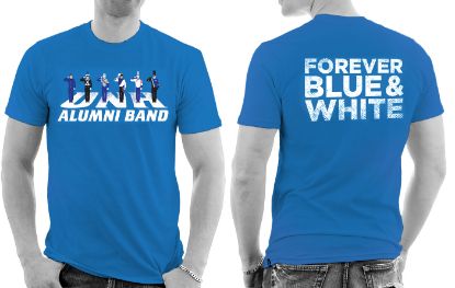 Blue alumni band t-shirt with multiple band uniforms illustrated on front and Forever Blue and White on back