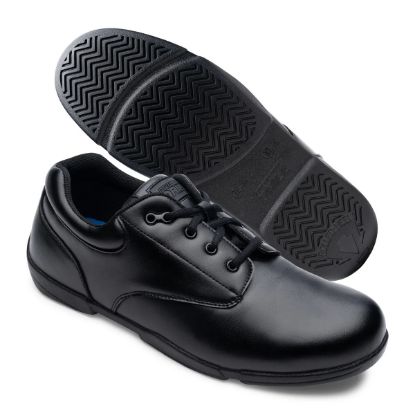 Pair of black Super Drills shoes, one showing the sole
